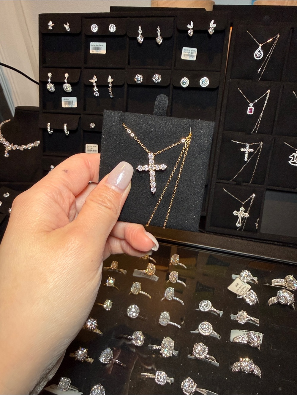 Gold Cross Pendant Necklace with Clear Stones - Women Jewelry